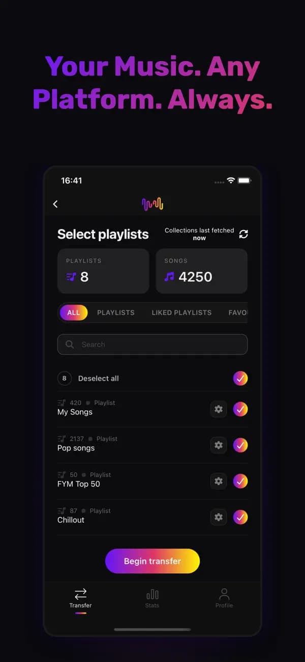 Ekran FreeYourMusic z listą playlist gotowych do przeniesienia